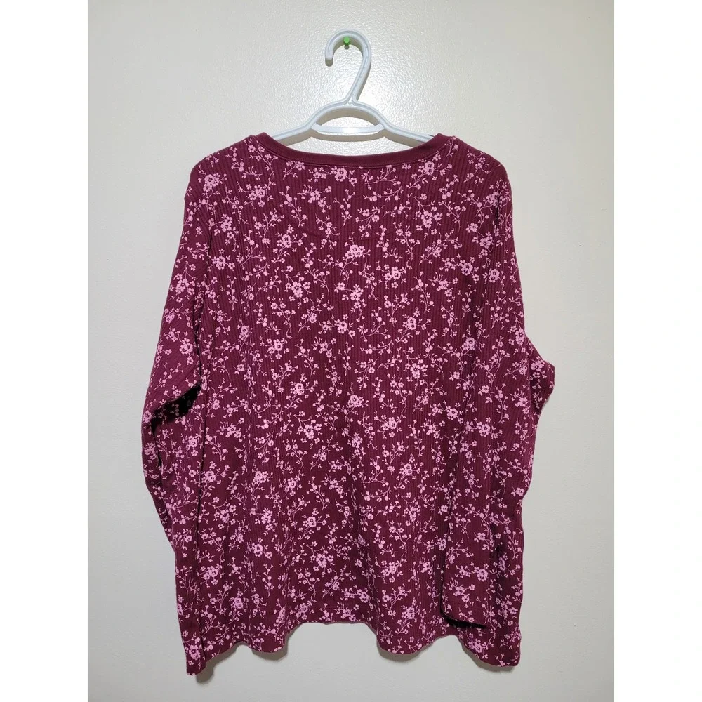 Just My Size Henley Top Womens 22/24W Burgundy Floral Ribbed‎ Long Sleeve